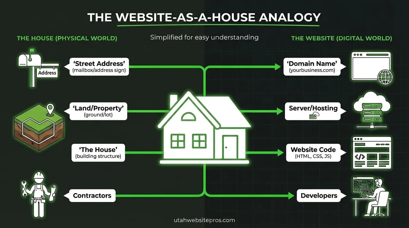 The Website-as-a-House Analogy - diagram showing how domain names, servers, website code, and developers map to street addresses, property, houses, and contractors