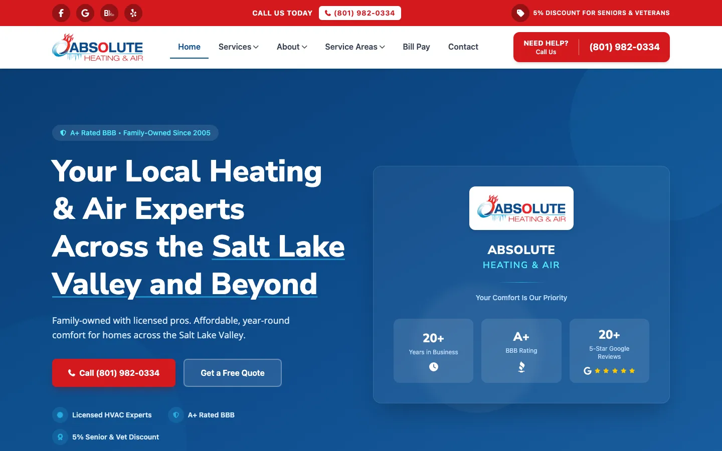 Absolute Heating & Air website hero section