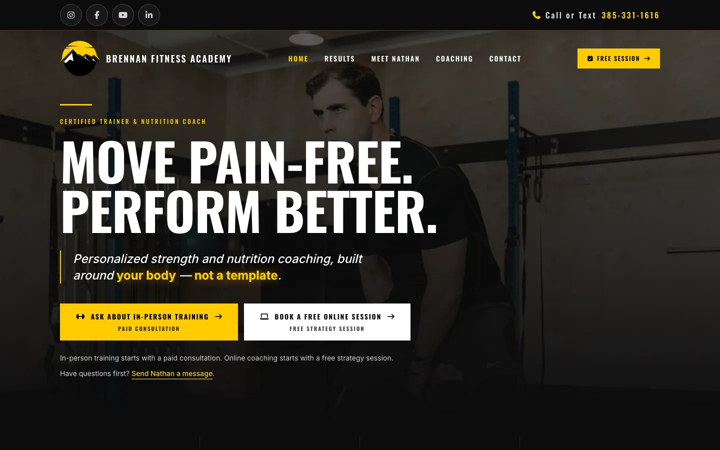Brennan Fitness Academy website hero section