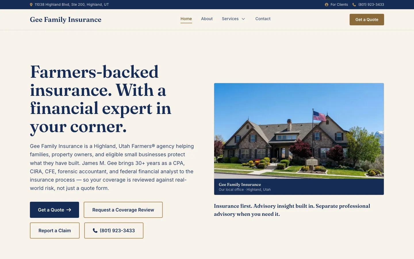 Gee Family Insurance website hero section