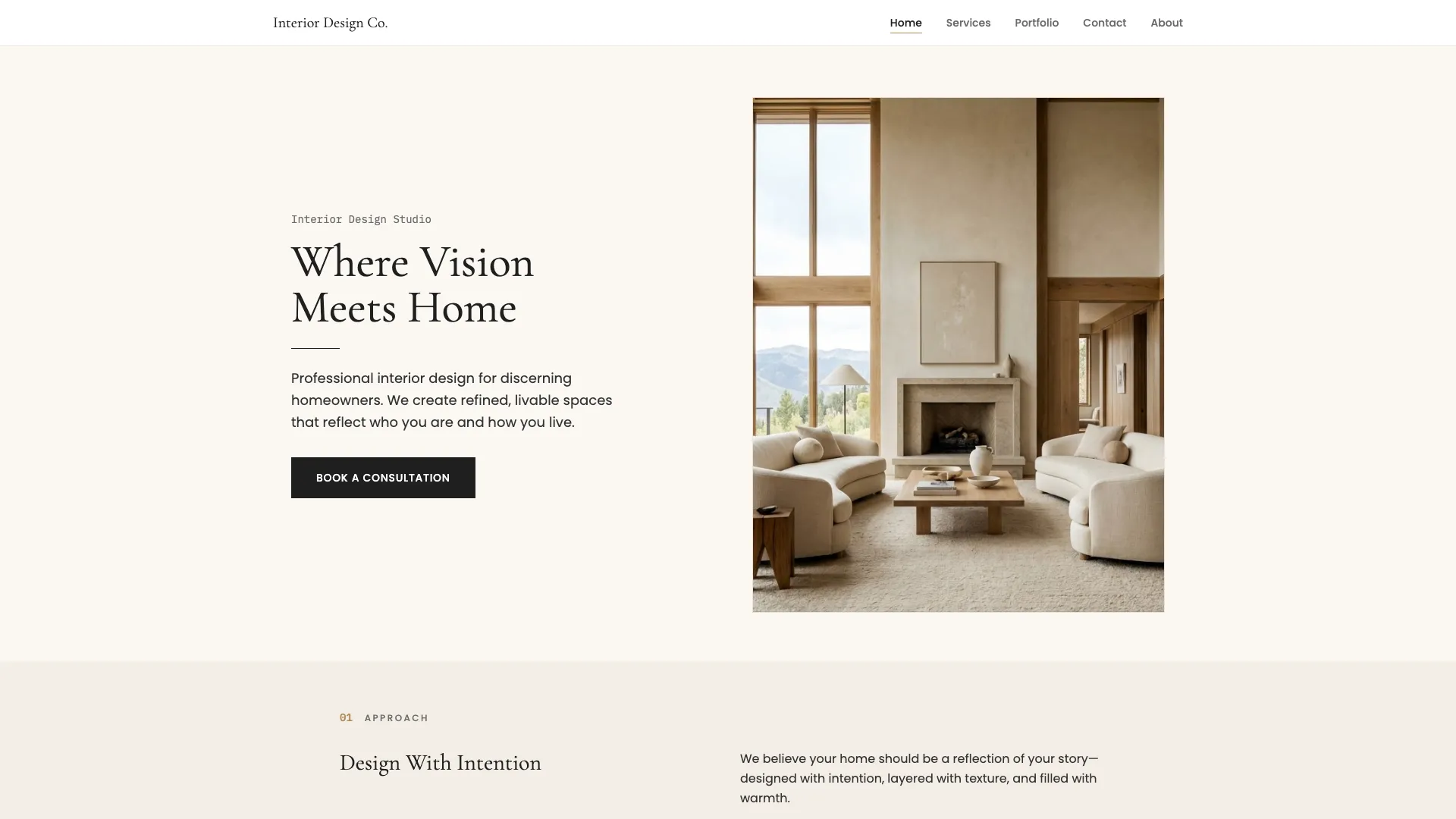 Interior Design Co. concept 2 website hero section with luxury interior imagery
