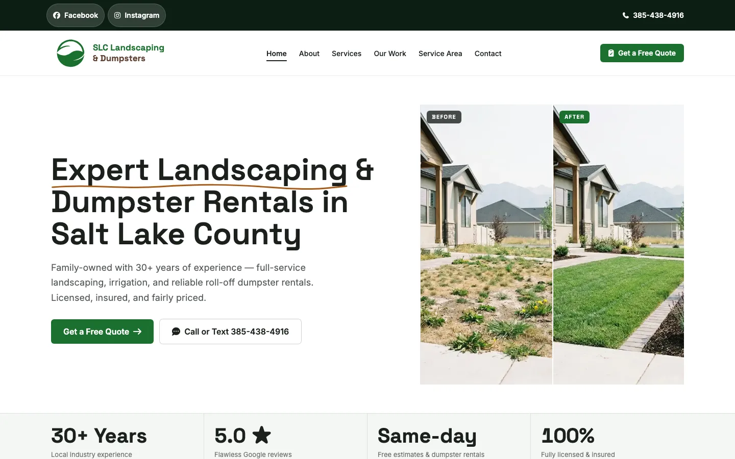 SLC Landscaping & Dumpsters website hero section