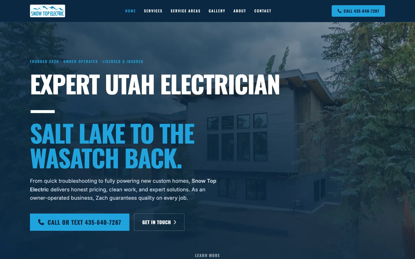 Snow Top Electric website hero section